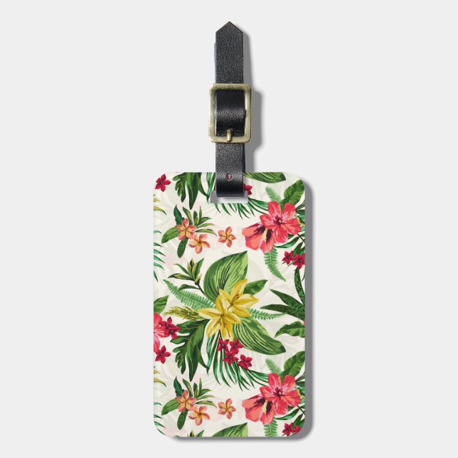 Étiquette À Bagage Feuilles Vertes Et Fleurs Roses Et Jaunes (Devant Vertical)