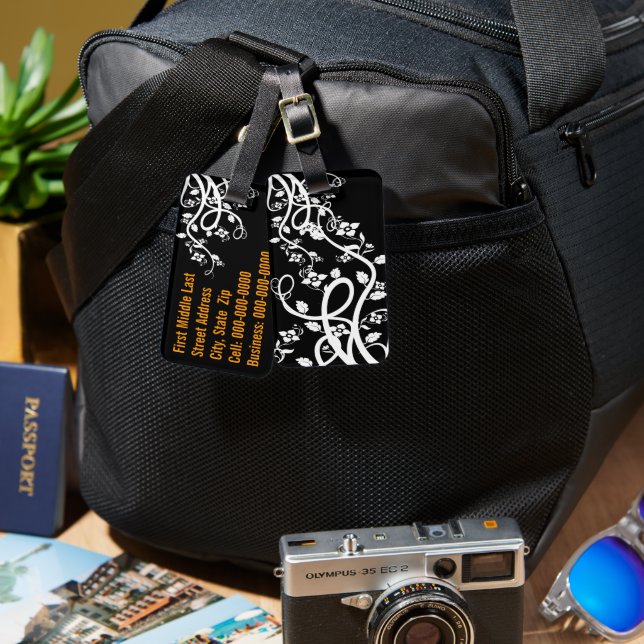 Étiquette À Bagage Filigree blanc et fleurs sur le Modèle noir  (Recto & Verso)