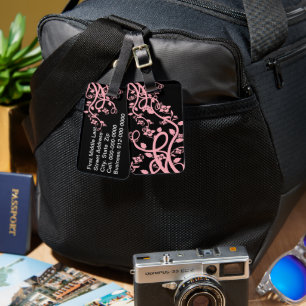 Étiquette À Bagage Filigree rose et fleurs sur le Modèle noir