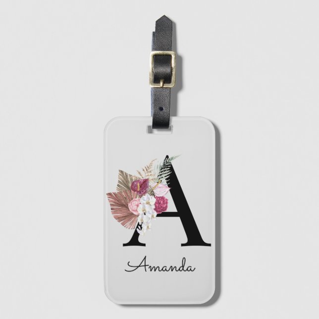 Étiquette À Bagage Fille Boho rose moderne Floral Initiale A (Devant Vertical)