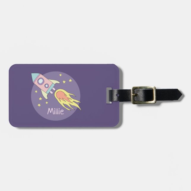 Étiquette À Bagage Fille de Galaxie violette Bateau à fusée Enfants (Devant horizontal)