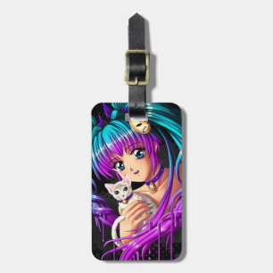 Étiquette À Bagage Fille de Manga de chaton et de tresse