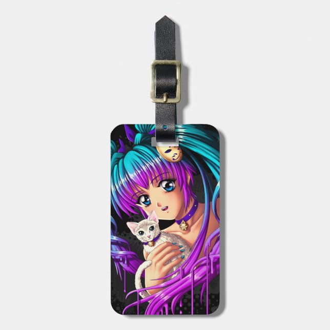 Étiquette À Bagage Fille de Manga de chaton et de tresse (Devant Vertical)
