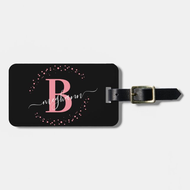 Étiquette À Bagage Fille Elegant Noir rose Nom Monogramme Script Lugg (Devant horizontal)