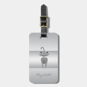 Étiquette À Bagage Fille Élégante, Chat Whimsical Argent