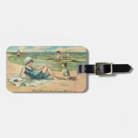 Fille et chien victoriens vintage au bord de la me