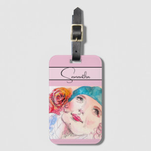 Étiquette À Bagage Fille Femme Rose Aquarelle Béret Aqua Rose Télépho