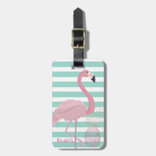 Étiquette À Bagage Fille Flamant rose rose, Monnaie d'ananas Blancs
