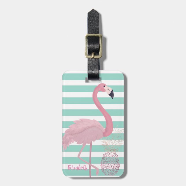 Étiquette À Bagage Fille Flamant rose rose, Monnaie d'ananas Blancs (Devant Vertical)