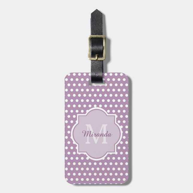 Étiquette À Bagage Fille Lavande violet Pois Monogramme et nom (Devant Vertical)