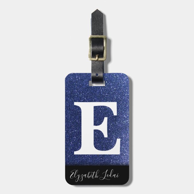 Étiquette À Bagage Fille Marine Bleu Argent Ombre Parties scintillant (Devant Vertical)