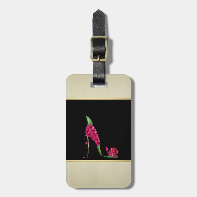 Étiquette À Bagage Fille moderne élégante, Noir, Crème, Talon Fleur (Devant Vertical)