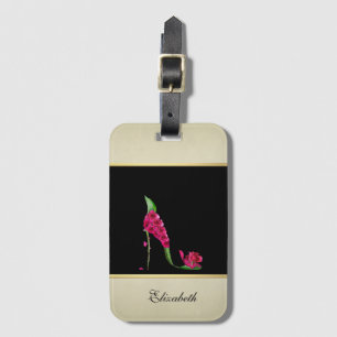 Étiquette À Bagage Fille moderne élégante, Noir, Crème, Talon Fleur