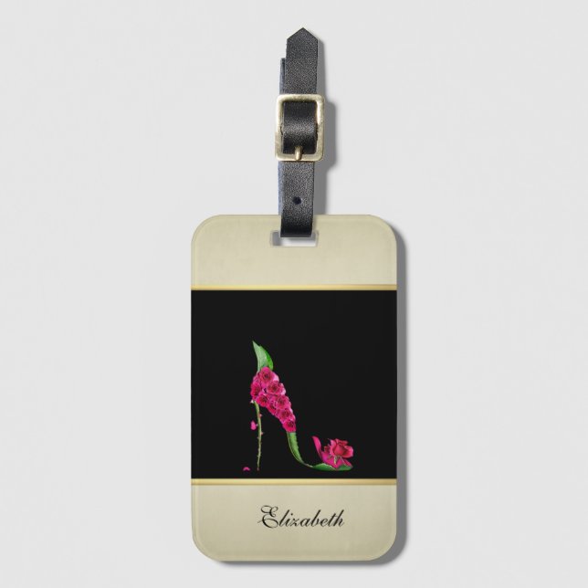 Étiquette À Bagage Fille moderne élégante, Noir, Crème, Talon Fleur (Devant Vertical)