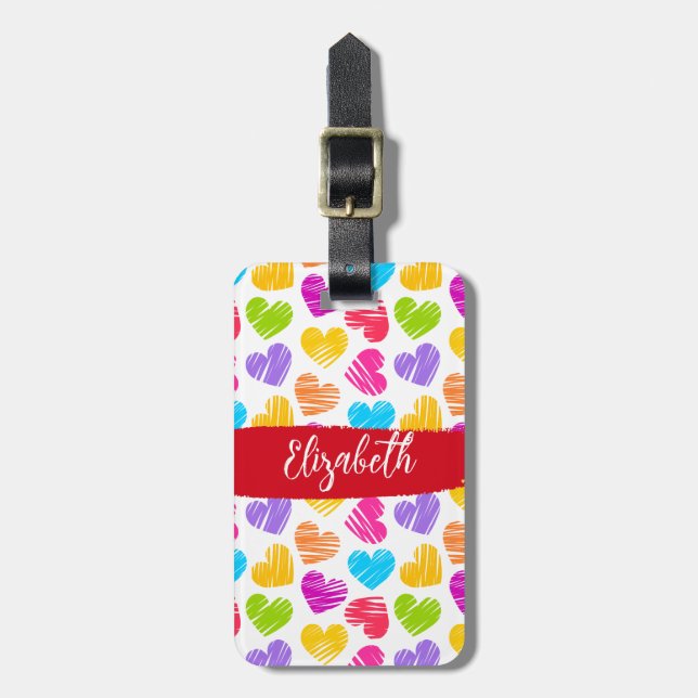 Étiquette À Bagage Fille moderne Vibrant Doodled Hearts Nom du Motif (Devant Vertical)