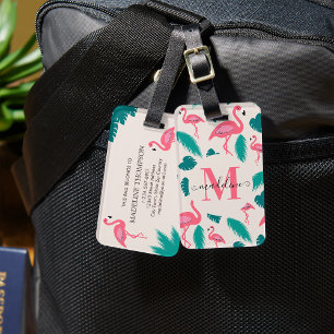 Étiquette À Bagage Fille Monogramme Feuilles tropicaux Flamant rose r