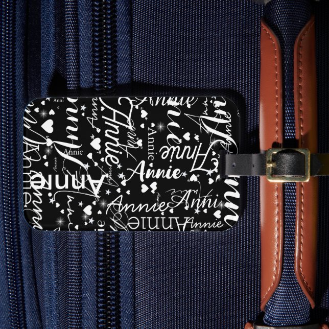 Étiquette À Bagage Fille Nom Coeurs et étoiles Noir et blanc (Insitu Rectoal 4)