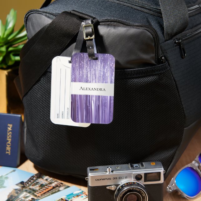 Étiquette À Bagage Fille Violet Glam Glitzy Tinsel Stripes (Recto & Verso)