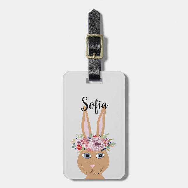 Étiquette À Bagage Filles mignonnes Floral Aquarelle Lapin Lapin (Devant Vertical)