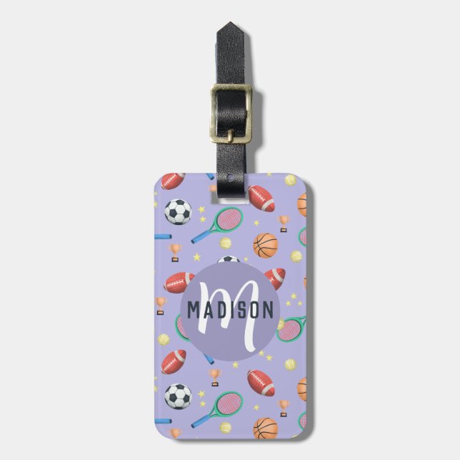 Étiquette À Bagage Filles mignonnes Violet Sports Monogrammes Enfants (Devant Vertical)