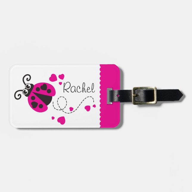 Étiquette À Bagage Filles volant coeur ladybug rose nommé étiquette d (Devant horizontal)