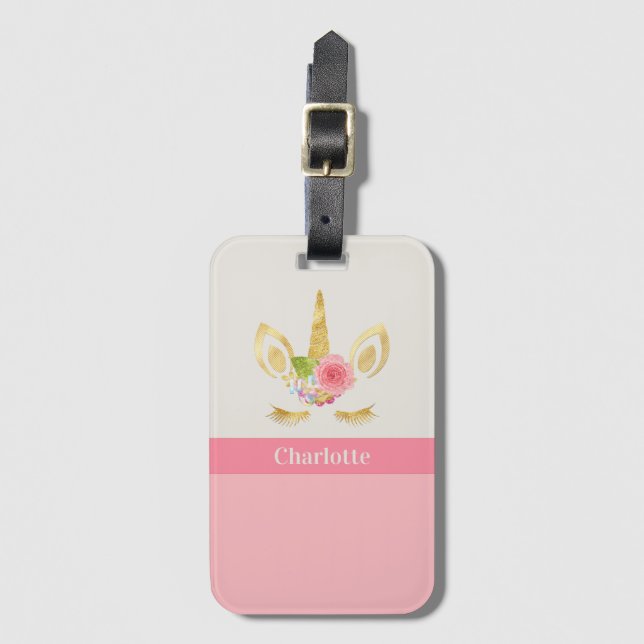 Étiquette À Bagage Finition rose Unicorne Or Personnalisée (Devant Vertical)