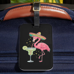 Étiquette À Bagage Flamant qui boit une Margarita Drôle de Poncho Mex