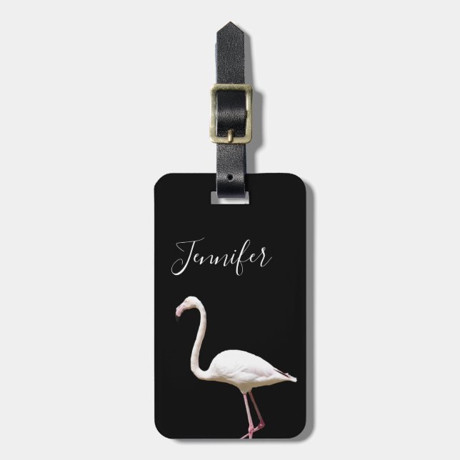 Étiquette À Bagage Flamant rose Bird sur noir Nom personnalisé (Devant Vertical)