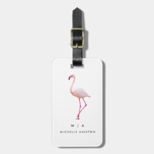 Étiquette À Bagage Flamant rose noir blanc Monogramme personnalisé