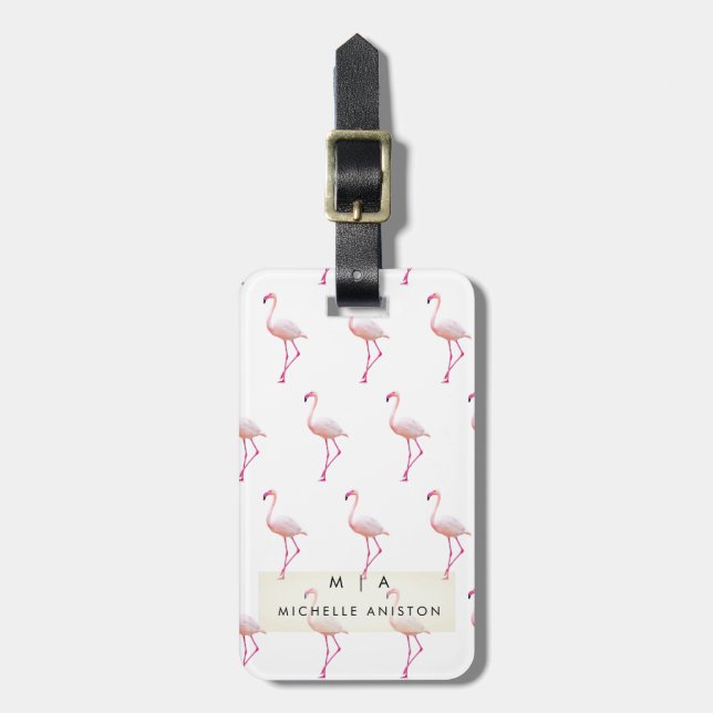 Étiquette À Bagage Flamant rose rose | Monogramme personnalisé (Devant Vertical)