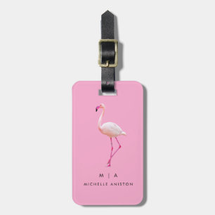 Étiquette À Bagage Flamant rose rose noir   Monogramme personnalisé