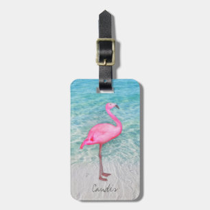 Étiquette À Bagage Flamant rose rose personnalisé Plage de sable trop