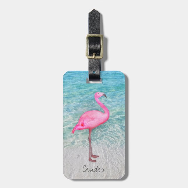 Étiquette À Bagage Flamant rose rose personnalisé Plage de sable trop (Devant Vertical)