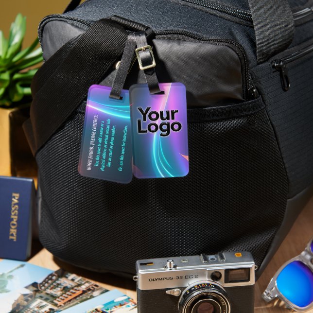 Étiquette À Bagage Flèche électrique bleu et rose néon avec logo (Recto & Verso)