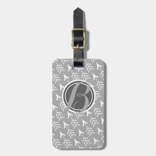 Étiquette À Bagage Flèches grises et blanches avec le monogramme (Devant Vertical)