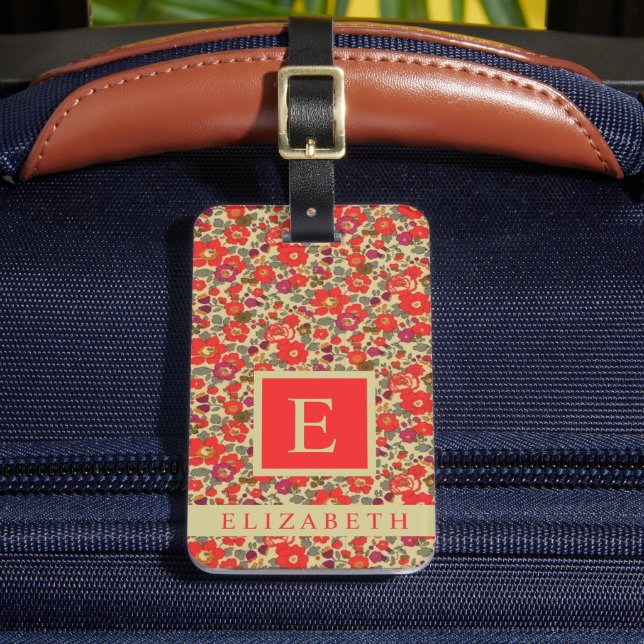 Étiquette À Bagage Fleur customisée Beige Tan Floral Rouge Violet (Insitu Rectoal 2)