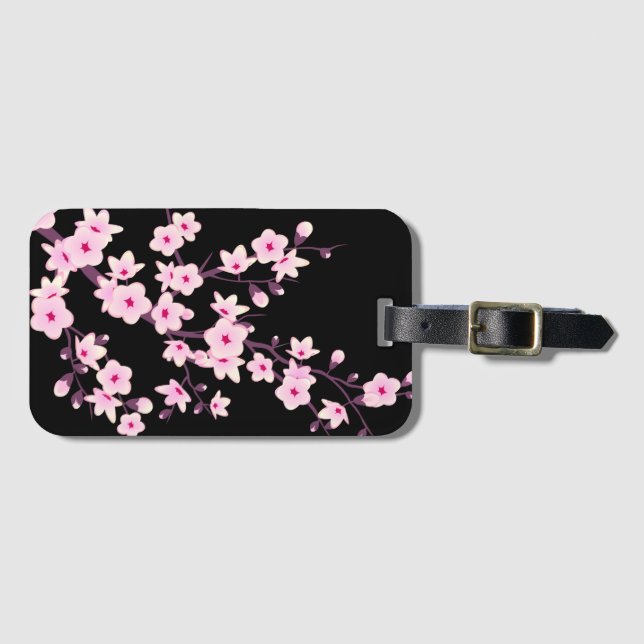 Étiquette À Bagage Fleur de cerisier rose noir féminin (Devant Horizontal)
