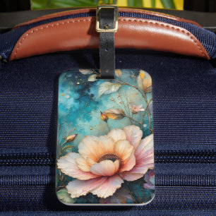 Étiquette À Bagage Fleur de Cosmos Abricot sur fond sarcelle