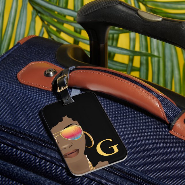 Étiquette À Bagage Fleur de femme noire dans les cheveux, Monogramme, (Insitu Rectoal 1)