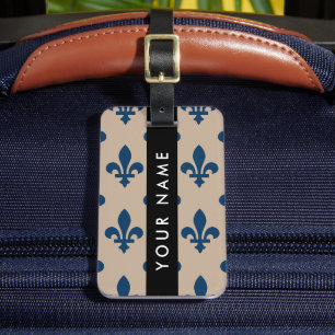 Étiquette À Bagage Fleur de Lis, Bleu Marine sur Beige, Royal, Votre