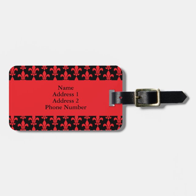 Étiquette À Bagage Fleur de Lis Motif rouge et noir (Devant horizontal)