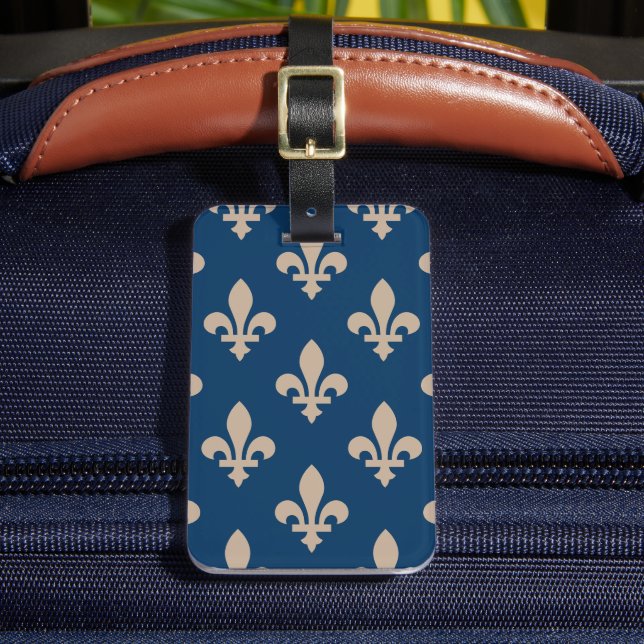 Étiquette À Bagage Fleur de Lis Motif, Royal French, Crème sur Blue (Insitu Rectoal 2)