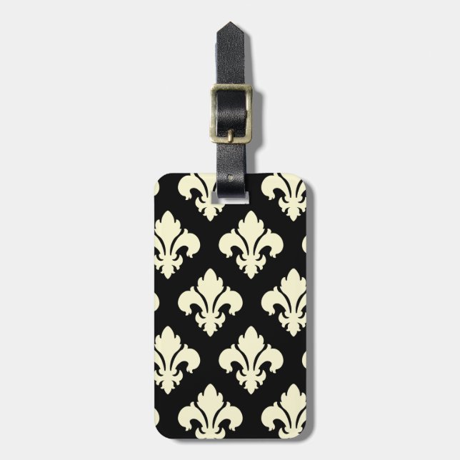 Étiquette À Bagage Fleur de lis noir et crème (Devant Vertical)