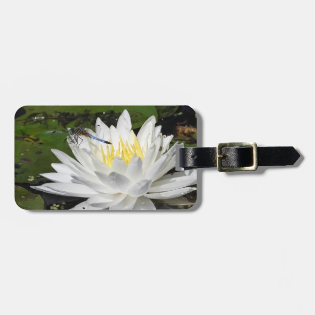 Étiquette À Bagage Fleur de Lotus blanc et libellule bleue (Devant horizontal)
