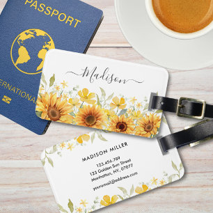 Étiquette À Bagage Fleur de tournesol jaune monogramme floral botaniq