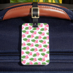 Étiquette À Bagage Fleur Hibiscus Rose Avec Monstera Nom Personnalisé