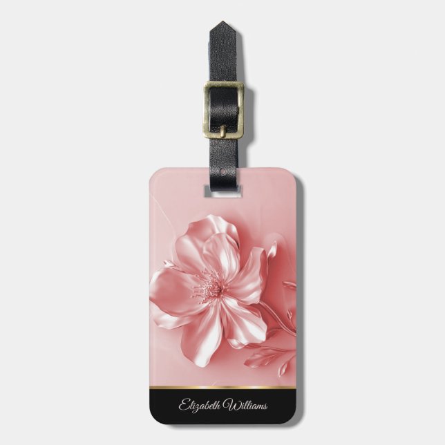 Étiquette À Bagage Fleur métallique rose brillant personnalisable (Devant Vertical)