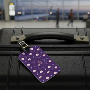 Étiquette À Bagage Fleur Rose Et Bleu Mignonne Plaid Sur Violet