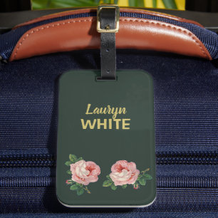 Étiquette À Bagage Fleur rose et feuilles sur vert foncé