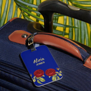 Étiquette À Bagage Fleur rouge et bleu feuille